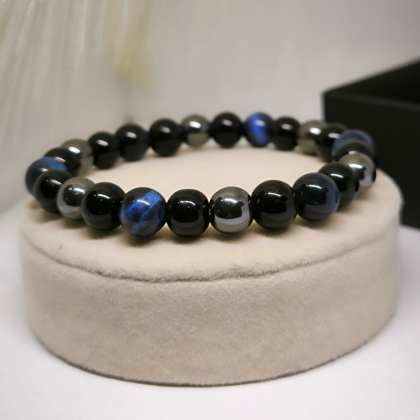 Obsidiāna akmens krelles rokassprādze ar tīģera aci